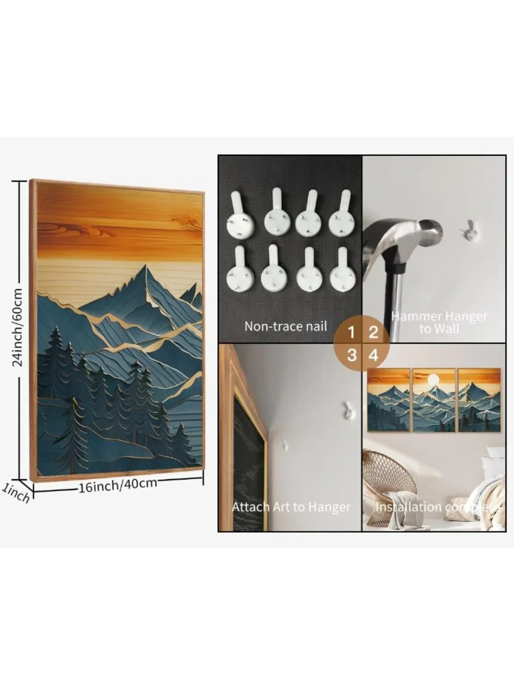 Large Framed Canvas Wall Art Set of 3 - Boho Nature & Sunset Landscape Decor